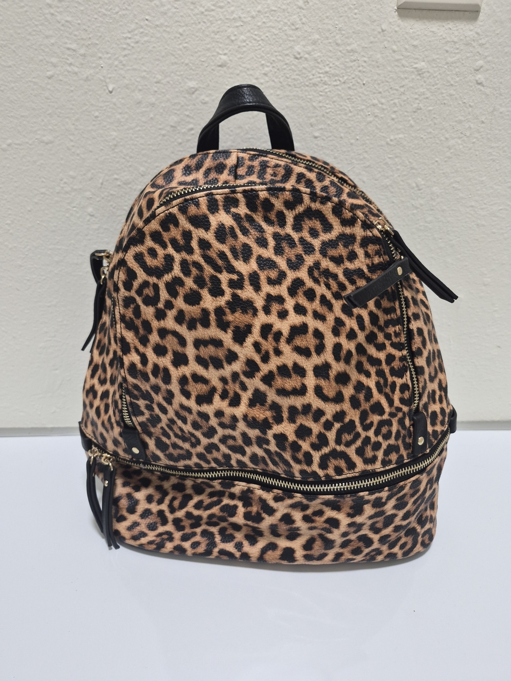 Leopard Print Women’s Backpack with Black Trim and Gold Zippers